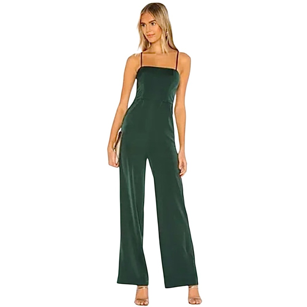 NWOT Lovers & Friends Dani Jumpsuit Wide Leg Satin Emerald Green Sz M Medium